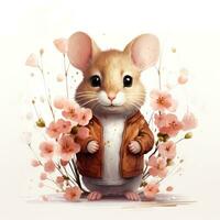primavera ratón con minimalista flores en blanco antecedentes ai generado foto