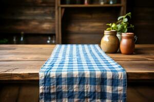 Blue and White Gingham Tablecloth Spread on Table AI Generated photo