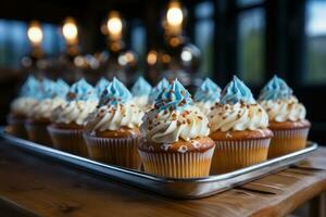 Delicious Oktoberfestthemed Cupcakes in Blue and White AI Generated photo