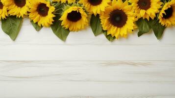 Bright Sunflowers on Vintage White Wooden Background AI Generated photo