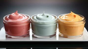 Vibrant Top View of Three Different Colored Skin Containers AI Generated photo
