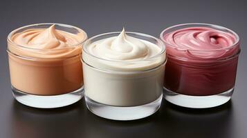 Vibrant Collection of Skin Containers  Top View AI Generated photo