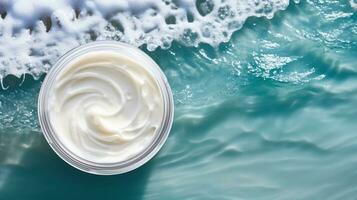 Topview of a Jar with Skin Care Cream at Ocean Waves AI Generated photo