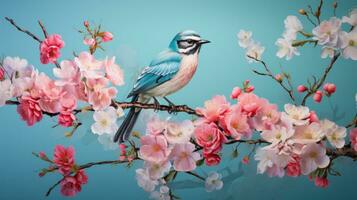 Turquoise Wallpaper Design with a Delicate Bird AI Generated photo
