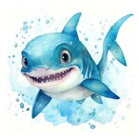 Adorable Watercolor Baby Shark Clipart on White Background AI Generated photo