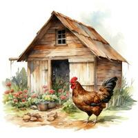 Colorful Watercolor Chicken Coop on White Background AI Generated photo