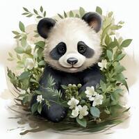 Adorable Watercolor Clipart of a Happy Baby Panda with Minimalist Flowers and Bamboo AI Generated photo