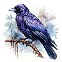 Majestic Watercolor Gothic Raven on White Background AI Generated photo