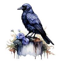 Mystical Watercolor Gothic Raven Sitting on a Skull Clipart AI Generated photo