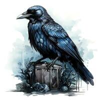 Mystical Watercolor Gothic Raven Sitting on a Skull AI Generated photo