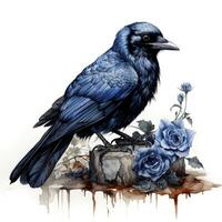 Mystical Watercolor Gothic Raven Sitting on a Skull Clipart AI Generated photo