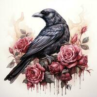 místico acuarela gótico cuervo con rosas ai generado foto