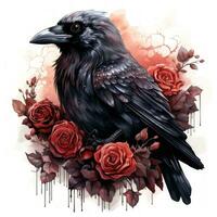 Mystical Watercolor Gothic Raven with Red Roses AI Generated photo