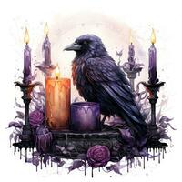 Mysterious Watercolor Gothic Raven with Candles on White Background AI Generated photo