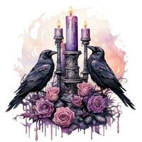 Mysterious Watercolor Gothic Raven with Candles on White Background AI Generated photo