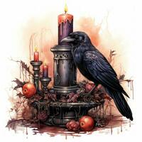 Mysterious Watercolor Gothic Raven with Candles on White Background AI Generated photo