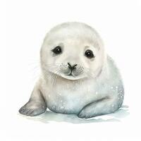 Adorable Watercolor Handpainted Baby Seal Clipart on White Background AI Generated photo