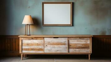 Blank wooden rustic cabinet in front of wall AI Generated photo