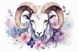 Watercolor Painting of Aries Zodiac Sign in Botanical Style on Pure White Background AI Generated photo