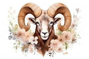 Watercolor Painting of Aries Zodiac Sign in Botanical Style on Pure White Background AI Generated photo