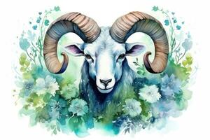 Watercolor Painting of Aries Zodiac Sign in Botanical Style on Pure White Background AI Generated photo