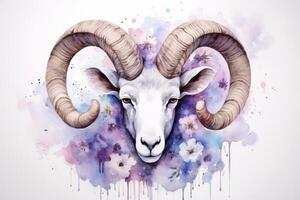 Watercolor Painting of Aries Zodiac Sign in Botanical Style on Pure White Background AI Generated photo