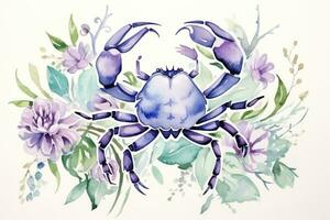 acuarela pintura de cáncer zodíaco firmar en botánico estilo en puro blanco antecedentes ai generado foto