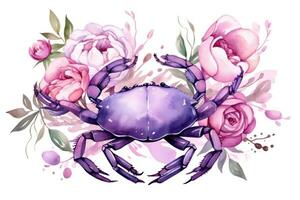 Watercolor Painting of Cancer Zodiac Sign in Botanical Style on Pure White Background AI Generated photo