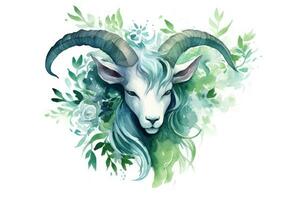 Botanical Style Watercolor Painting of Capricorn Zodiac Sign on Pure White Background AI Generated photo