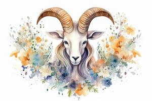 Botanical Style Watercolor Painting of Capricorn Zodiac Sign on Pure White Background AI Generated photo