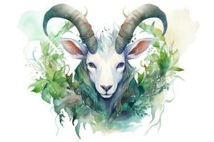 Botanical Style Watercolor Painting of Capricorn Zodiac Sign on Pure White Background AI Generated photo