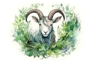 Botanical Style Watercolor Painting of Capricorn Zodiac Sign on Pure White Background AI Generated photo