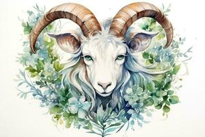 Botanical Style Watercolor Painting of Capricorn Zodiac Sign on Pure White Background AI Generated photo