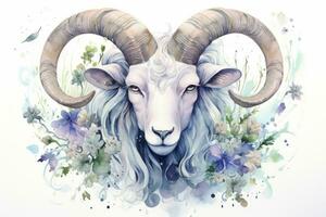 Botanical Style Watercolor Painting of Capricorn Zodiac Sign on Pure White Background AI Generated photo