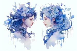 Watercolor Painting of Gemini Zodiac Sign in Botanical Style on Pure White Background AI Generated photo