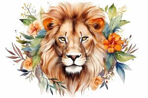 Watercolor Painting of Leo Zodiac Sign in Botanical Style on Pure White Background AI Generated photo