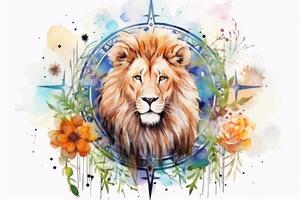 Watercolor Painting of Leo Zodiac Sign in Botanical Style on Pure White Background AI Generated photo