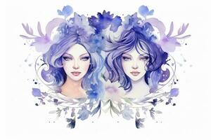 Watercolor Painting of Gemini Zodiac Sign in Botanical Style on Pure White Background AI Generated photo