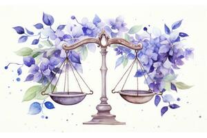 Botanical Style Watercolor Painting of Libra Zodiac Sign on Pure White Background AI Generated photo