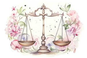 Watercolor Painting of Libra Zodiac Sign in Botanical Style on Pure White Background AI Generated photo