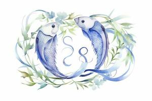 Watercolor Painting of Pisces Zodiac Sign in Botanical Style on Pure White Background AI Generated photo