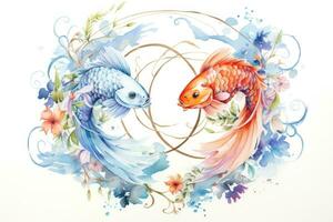 Watercolor Painting of Pisces Zodiac Sign in Botanical Style on Pure White Background AI Generated photo