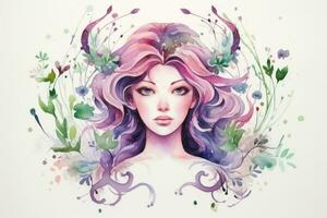 Watercolor Painting of Virgo Zodiac Sign in Botanical Style on Pure White Background AI Generated photo