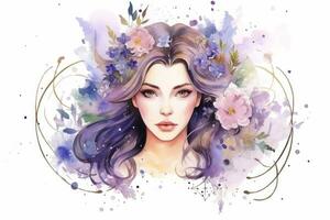 Watercolor Painting of Virgo Zodiac Sign in Botanical Style on Pure White Background AI Generated photo