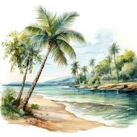 Tropical Beach with Watercolor Palm Trees AI Generated photo