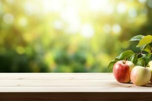 minimalista blanco de madera mesa con manzana y vacío espacio ai generado foto