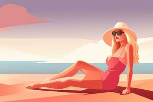 Woman Wearing on a Beach Sitting in the Style of Flat Colors AI Generated photo