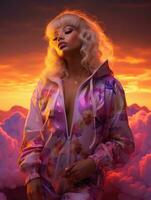 Enigmatic Loneliness Winged Figure in Purple Floral Track Suit under Neon Lights AI Generated photo