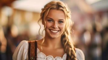 hermosa mujer vistiendo un tradicional falda acampanada a el Oktoberfest ai generado foto