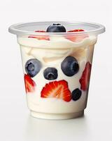 Delicious Yogurt with Fresh Strawberries and Berries in a Plastic Cup AI Generated photo